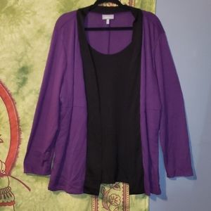 Purple cardigan with attached black tank top